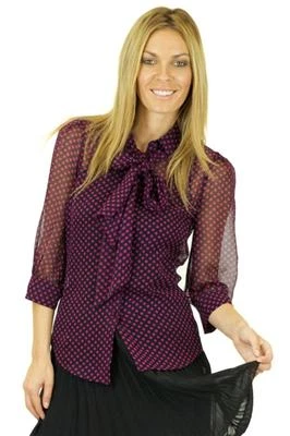 Blusa Halston Heritage Corbata Desmontable Negra Fucsia Púrpura Top Seda Transparente Blusa Foto 1 de 4