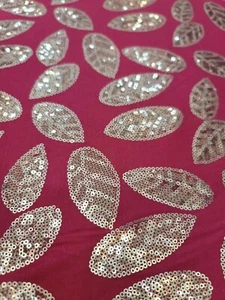 Silver Sequin Embroidery Leaves Hot Pink Stretch Jersey Knit Fabric By The Yard  - Picture 1 of 12