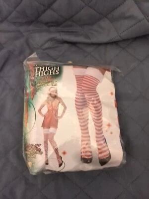 CALCETINES DE NAVIDAD A RAYAS BASTÓN DE CARAMELO ROJO/BLANCO POR ENCIMA DE LA RODILLA PARA MUJER ~ PIEL SINTÉTICA BLANCA ~ Foto 1 de 4