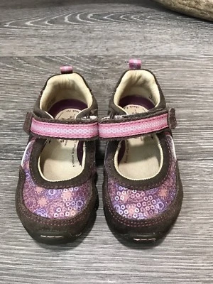STRIDE RITE DANA Marrón Rosa SEQUINA Zapatos Mary Janes Niña Talla 4 W Flor Mariposa Foto 1 de 4