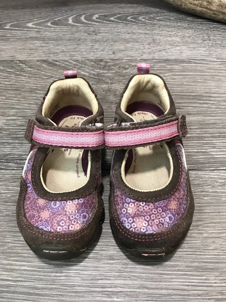 STRIDE RITE DANA Brown Pink SEQUIN shoes mary janes Girl Sz 4 W Flower Butterfly - Image 1 of 4