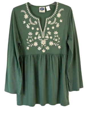 DG2 Diane Gilman 刺绣 V 领衬衫绿色大号长袖女式 YQ24 — 第 1/4 张图片