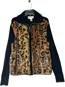 Y2K Victoria Harbour Womens Sweater Jacket Medium Black Leopard Full Zip #1873 - Picture 1 of 13