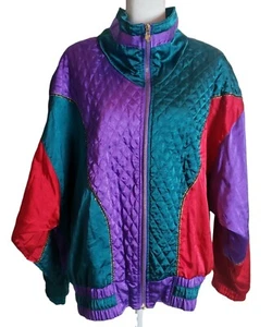 Vintage 80s Lavon Quilted Jacket Size XL Multicolor Colorblock Lightweight Coat - Picture 1 of 12