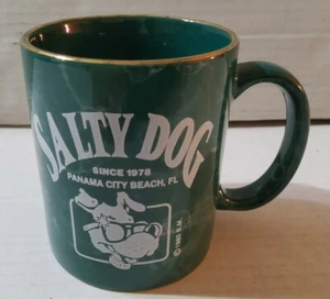 Vintage 1980 Salty Dog Surf Shop Green Marbled Coffee Mug Tea Cup Gold Trim Edge - Picture 1 of 5