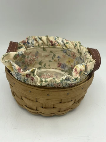 Longaberger Button Basket w/ Liner & Plastic Protector 2004 leather handles Cover