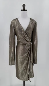 Lauren Ralph Lauren Womens Gold Metallic Long Sleeve Faux Wrap Dress Sz 16 NWT - Picture 1 of 8