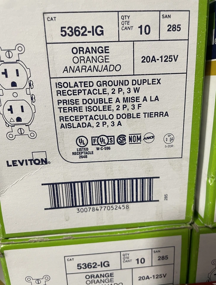 🔥Leviton 5362-IG Orange 2P 3W Iso Gnd Dplx Rcpt 20A 125V 10pc Lot Free Ship 🚀 - Image 1 of 1