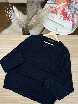 Polo Ralph Lauren Cable Knit Sweater Navy Blue Red Pony Logo - Image 1 of 4