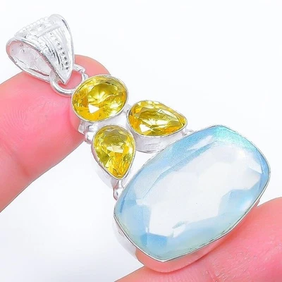Milky Opal Gemstone Ethnic Handmade 925 Sterling Silver Jewelry Pendant 1.80" - Image 1 of 4