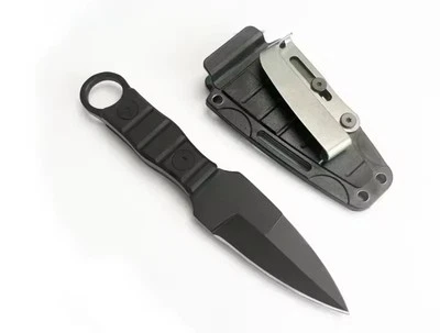 7" Black Fixed Blade Knife Hard Sheath Full Tang Back Clip Horizontal Carry  - Image 1 of 3
