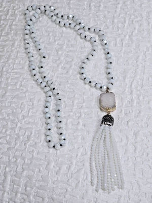 Long White Beaded Fashion Necklace with Stone Marcasite and Tassel Pendant - Image 1 of 4