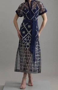 Karen Millen NWT Navy embellished tie waist woven maxi dress size 8 RRP £219 - Picture 1 of 5