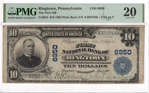 $10 1902 PB First National Bank Ringtown PA Fr#624 CH#6950 PMG VF20 - Picture 1 of 2