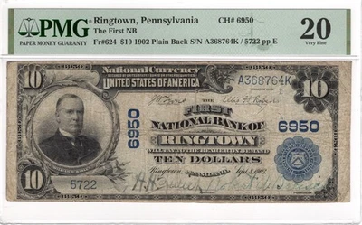 $10 1902 PB First National Bank Ringtown PA Fr#624 CH#6950 PMG VF20 - Image 1 of 2