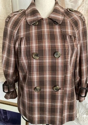 复古 Liz Claiborne 女式棕色格子夹克双排扣作物 XL — 第 1/4 张图片