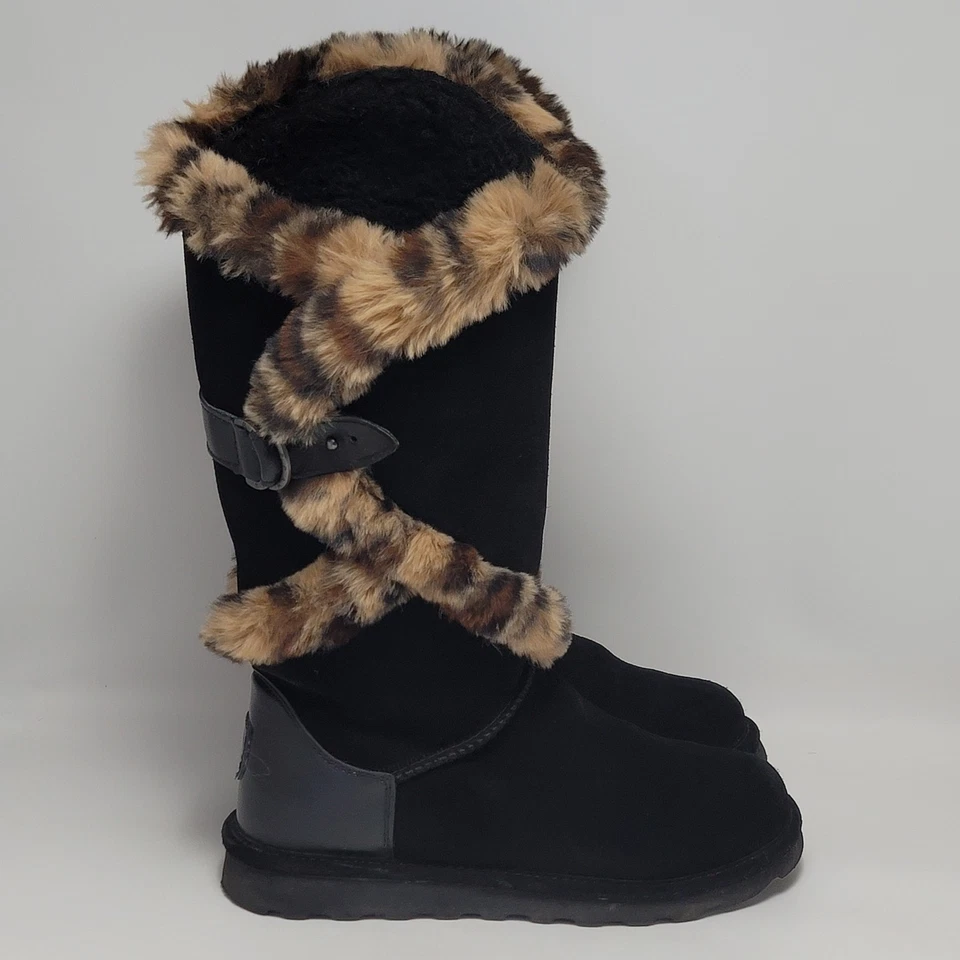 BEARPAW Sheilah Suede Plush Faux Fur Leopard Print Trimmed Tall Winter Boots 9 - Image 1 of 4