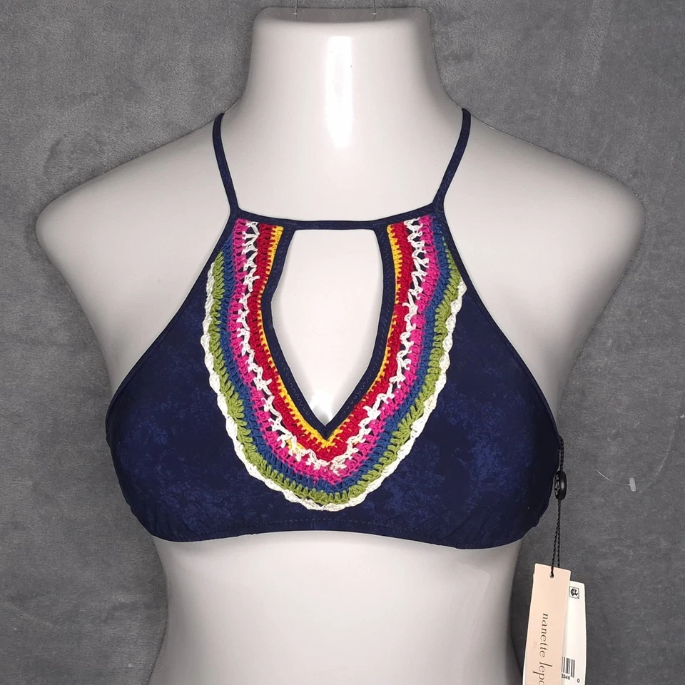 Nanette Lepore Swim XS Azul Marino Crochet Ribete Halter Bikini Top Corbatas Espaldas Ajustables Foto 1 de 4
