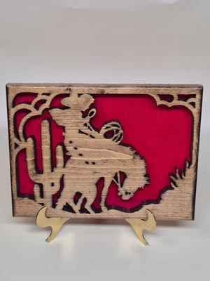 Wooden Cowboy Plaque with Red Felt Background and Wall Hanger Rustic Desert - Image 1 of 2