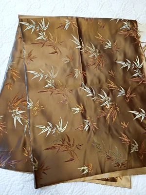 Vtg Double Sided Satin Remnant Brown Gold Copper Leaf Pattern 34 x 45" Drapey - Image 1 of 4