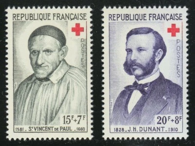 France 1958 MNH Mi 1224-1225 Sc B327-328 St.Vincent de Paul & J. H. Dunant ** - Image 1 of 2