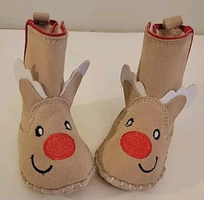 New Reindeer Christmas Winter Suede Soft Sole Moccasins Boots Shoes 6-12 Months - Image 1 of 4