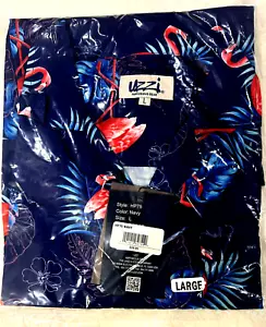 ALOHA by UZZI Men's Hawaiian shirt-Navy w/Flamingos- LARGE-collared,button up - Picture 1 of 8