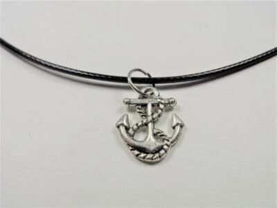 COLLAR CORDÓN CUERO NEGRO ANCLA CUERDA RODIO PLATA NÁUTICA MODA PLAYA Foto 1 de 4