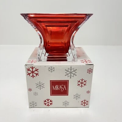 Vintage Mikasa Red Crystal Deco Votive Tea Light 4.5” Candle Holder w/ Box - Image 1 of 4