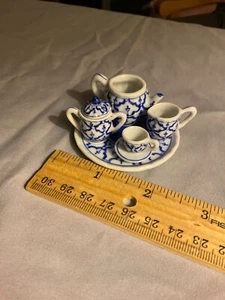Miniature tea set Teapot cream & sugar Cup and saucer Platter White/blue design - Picture 1 of 5