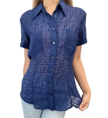 FENDI Vintage FF Zucca Logo Collard Short Sleeve Shirt #40 Top Blue Viscose - Image 1 of 4