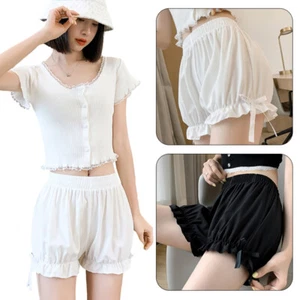 Womens Ruffle Hem Elastic Waist Drawstring Summer Shorts Loose Pumpkin Bloomers - Picture 1 of 24