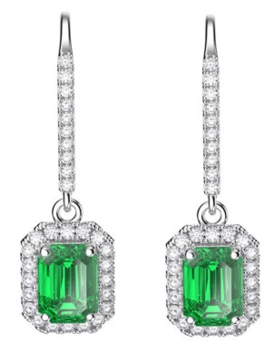 7.40ct Natural Round Diamond Simulated Emerald 14K White Gold Dangler Earring - Image 1 of 3