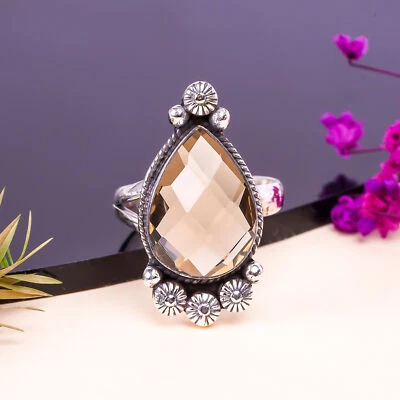 Atractivo anillo hecho a mano de plata de ley 925 maciza con piedras preciosas de cuarzo ahumado V11345 Foto 1 de 4