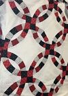 VTG FABRIC DOUBLE WEDDING RING CHEATER panel quilting 88” X 108” Red Green White