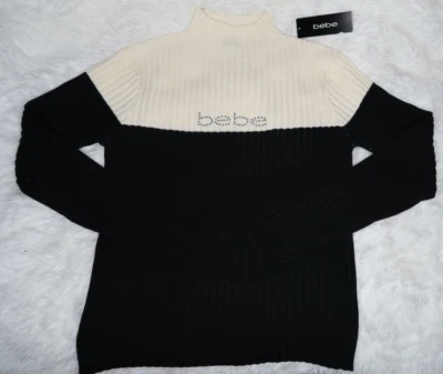 Bebe Women's Mock Neck Sweater Crystal Logo Black Ivory Size Medium 5CW03521BB - Image 1 of 4