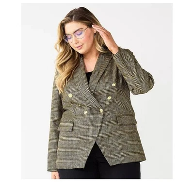 Nine West Blazer Women's 2X Brown Plaid Double Breasted Metallic Buttons Jacket - Image 1 of 4