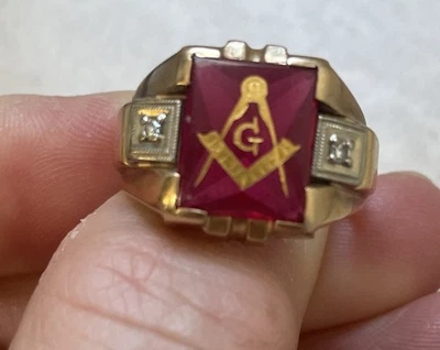 古董艺术装饰 10K 金色男式共济会戒指 8 克红色宝石复古独特 — 第 1/4 张图片