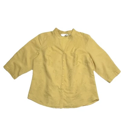 Camisa Lucy & Laurel 100% Lino Amarillo Paisley Bordado Frontal Artístico Top XL Foto 1 de 4