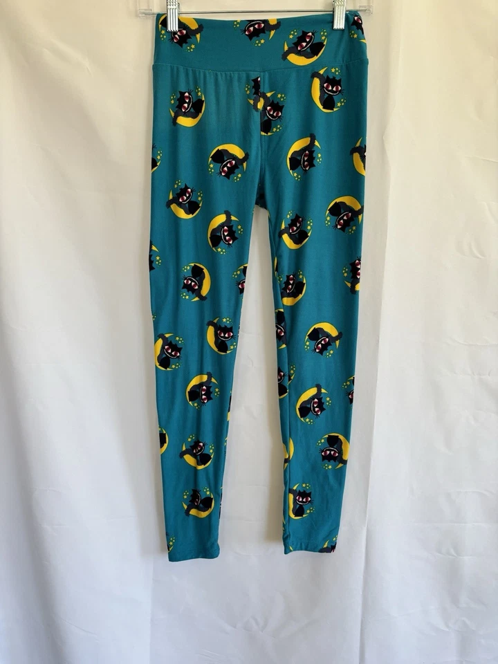 LuLaRoe Halloween Cheshire Cat Moon OS Leggings Blue Yellow - Image 1 of 4