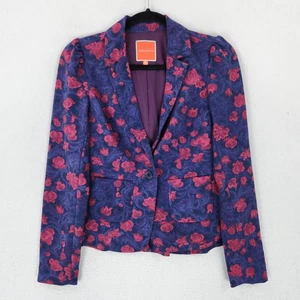 ModCloth Jacket Womens XS Purple Pink Floral Peplum Puff Shoulder Blazer Preppy - Picture 1 of 13