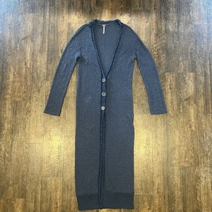 Free People Clearwater Long Line Navy Blue Boho Cardigan Size Med Button Front - Picture 1 of 6
