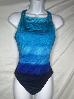 Jantzen Ombre Blue Purple Black 1-Piece Swimsuit Halter Neck Size 12 Vintage 80s - Image 1 of 4