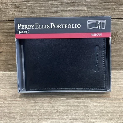 PERRY ELLIS Portfolio Leather Wallet Men’s Bifold Black NEW - Image 1 of 4