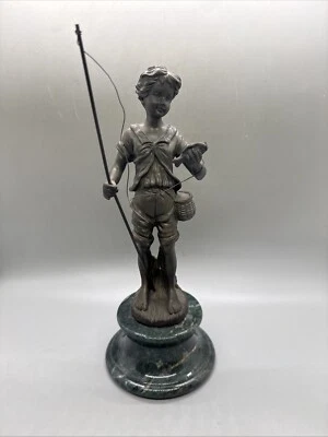 Auguste Moreau Boy Sculpture Bronze Fishing on Marble Base 9.25x4” - Image 1 of 4