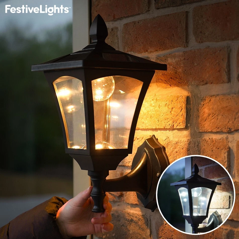 Solar LED Security Welcome Wall Lantern Lamp Black Outdoor Garden House Light - Image 1 of 1