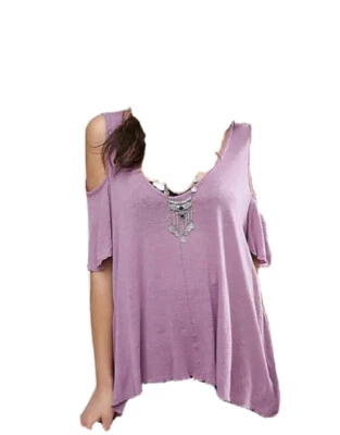 Free People Bittersweet Cold Shoulder Jersey T-shirt Top Purple - Image 1 of 4