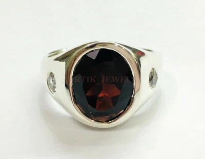 Piedra preciosa granate natural con anillo de plata enchapado en oro blanco de 14K para hombre AJ799 Foto 1 de 4