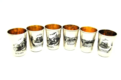 ANTIGUO JUEGO DE 6 TAZAS DE VODKA DE EREVÁN ARMENIO DE PLATA 875 Foto 1 de 4