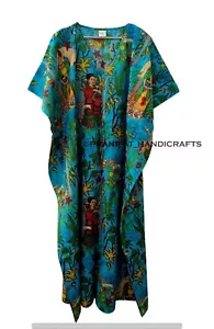 Indio Turquesa Largo Estampado Floral Maxi Algodón Mujer Pijama Vestido Caftán - Imagen 1 de 7
